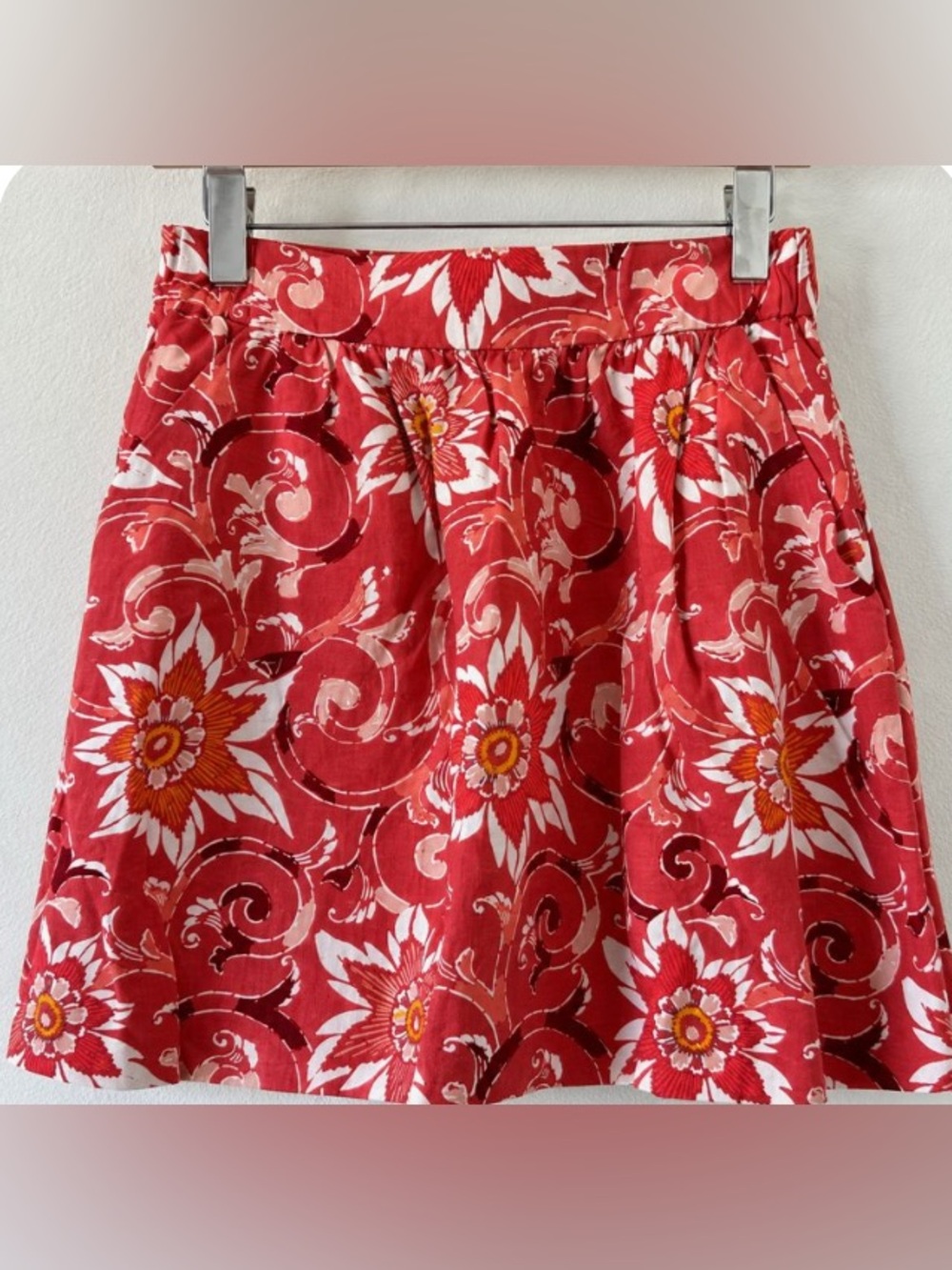 LOFT Petite XSP Red Floral Linen Blend A-Line Skirt